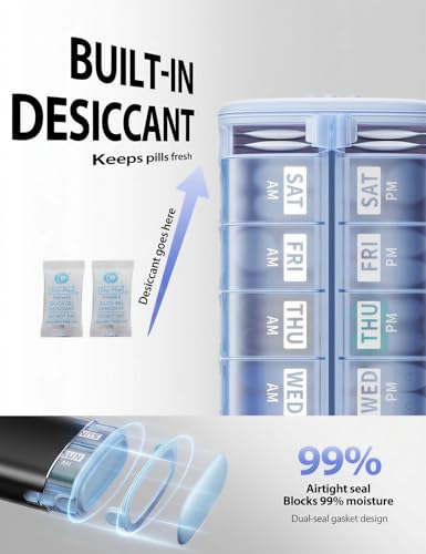 Image of Vaydeer Metal 7 Day Pill Organizer 2 Times a Day - AM PM Weekly Travel Pill Case with Moisture-Proof Desiccant, Airtight Large Capacity Pill Box for Vitamins, Medications & Supplements (Black)