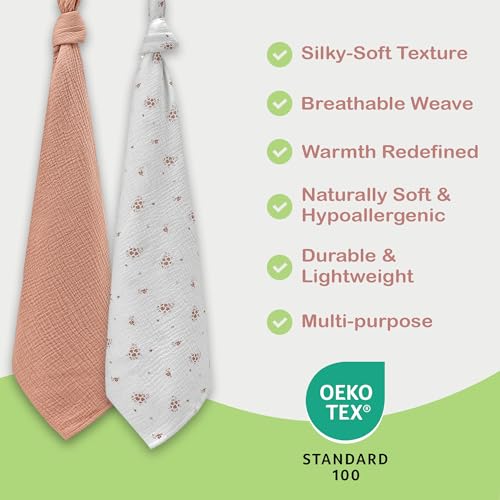 Image of Organic Muslin Baby Blanket 2-Pack Cinnamon & Wildflower, 47x47 Inch, 100% Organic Cotton Oeko-TEX Certified Hypoallergenic Swaddle Blanket for Newborn Boy, Baby Boy Shower Gift