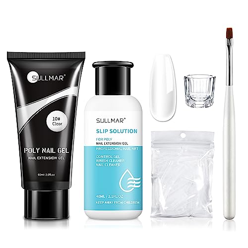 Clear Poly Nail Gel Kit-60ml/2fl.oz,All-in-one Set Nail Extension Gel Kit with Slip Solution Dual Form Brush and Glass Cup,Nail Art Design for Beginners