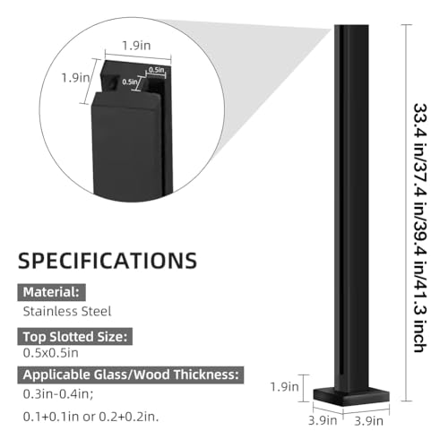 Black Glass Railing Post - 304 Stainless Steel, 33.4" for Balconies, Decks, Staircases, Patio Stairs & Pool Fences, Screw Base End Post, Durable & Stylish Design