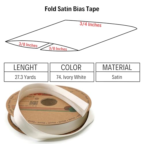 Image of Fold Satin Bias Tape - 99+ Colors - 3 /4 Inches Wide - 27 Yards - Fold Satin Binding Bias Ribbon Fabric Piping Bias Binding Tape for Sewing Clothing DIY (74. Ivory White) BYS74