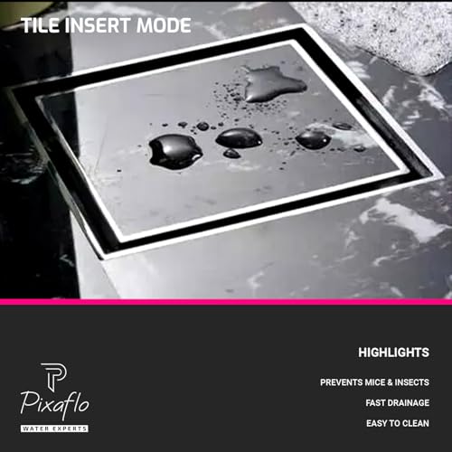 Image of Pixaflo Square Tile Insert Floor Drain | 5 x 5 Inches | 304 Stainless Steel | Invisible Shower Drain Channel | Waste Water Floor Drain for 13mm Tile | Drainer Channel | Anti Cockroach Trap | Silver