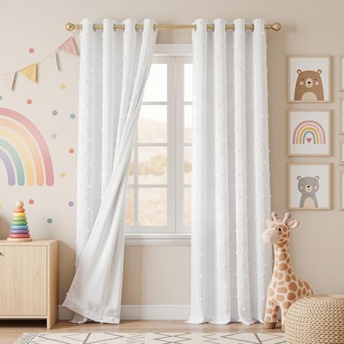 Image of MEETSKY 100% Blackout Curtains for Bedroom,Pom Pom White Curtains 50x95 in