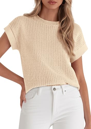 PRETTYGARDEN Women's 2026 Spring Fashion Sweater Vest Business Casual Crochet Tops Cap Sleeve Knit Shirt Beach Summer Outfits (Apricot,X-Large)