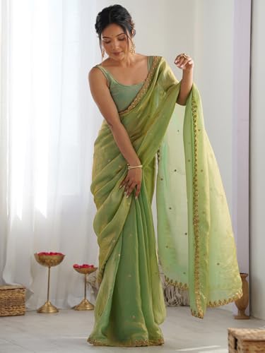 Image of AKHILAM Women's Light Green Paper Silk Embroidered Saree With Unstitched Blouse Piece
