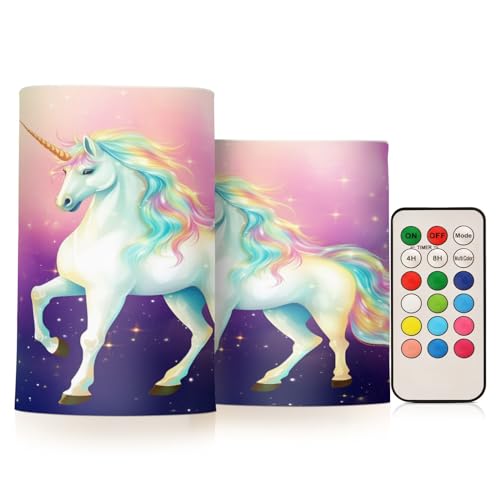 Image of Lights Flameless Candles Rainbow Fairy Unicorn Stars Pillar Candles Set of 2 Battery Operated Remote Control Warm Lights Home Decor