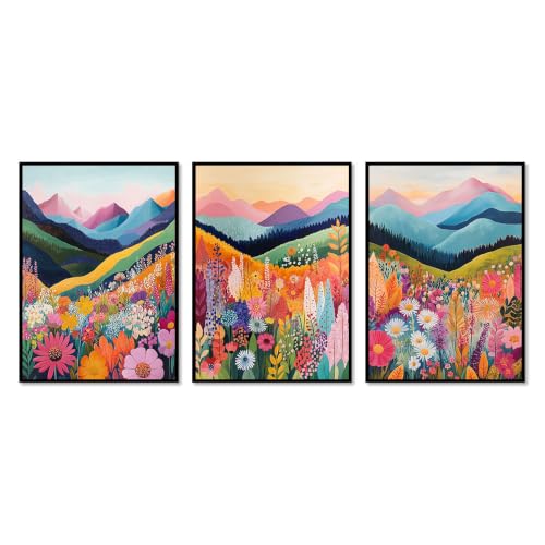 Affiches abstraites de fleurs avec cadre en bois triptyque 3 pièces
