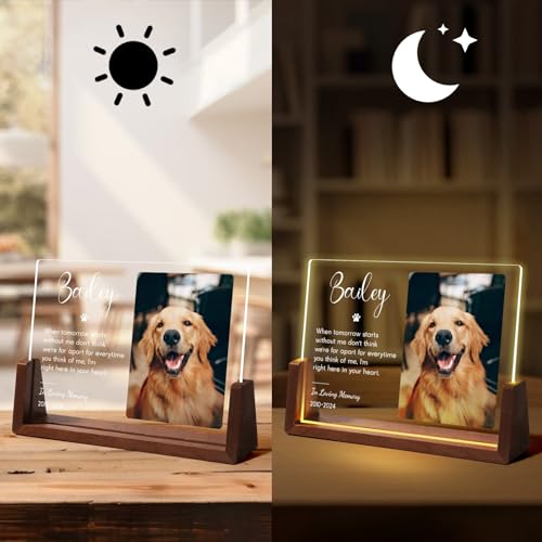 Jodimitty Personalisiert Haustier Gedenktafel aus Acryl, optionales LED-Licht und Holzsockel, mit Foto und Text, Gedenkgeschenke Bilderrahmen Andenken an verstorbenen Hund Katze (Stil C)
