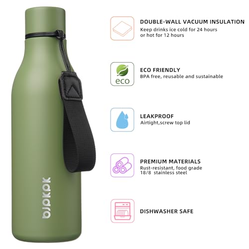 Image of BJPKPK Insulated Water Bottles, 18 oz Stainless Steel Metal Water Bottle with Strap, BPA Free Leak Proof Jugs, Mugs, Flasks, Reusable Thermal Flasks for Sports & Travel, Forest Green
