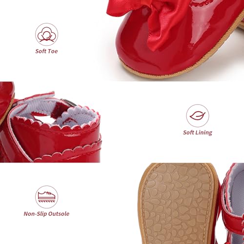 Image of Baby Girl Mary Jane Flats Dress Shoes - Infant Newborn Shoes Anti-Slip Soft PU Leather Party School Wedding Princess Baby Girl Shoes 0-18M