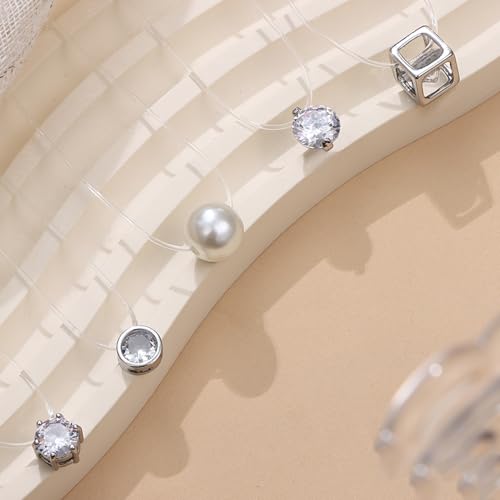 MILACOLATO 5Pcs Transparent Fishing Line Necklace Solitaire Dazzling Zircon Clear Pearl Choker Necklace3