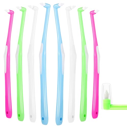 RAYITO 8 Pcs Interspace Toothbrush Soft Single Tufted Toothbrush with Cover Slim Interspace toothbrushes interdental Brushes for Orthodontic Braces Detail Cleaning(Blue/Green/Rose Red/White)