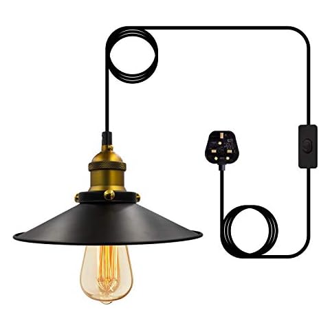 Bronze Industrial Plug in Pendant Light,Vintage Plug in Pendant Lighting,4.5M Adjustable Plug in Ceiling Light,Retro Brass Lampshade Hanging Lamp with Switch,E26/E27 Black Pendant Light Fitting Cover