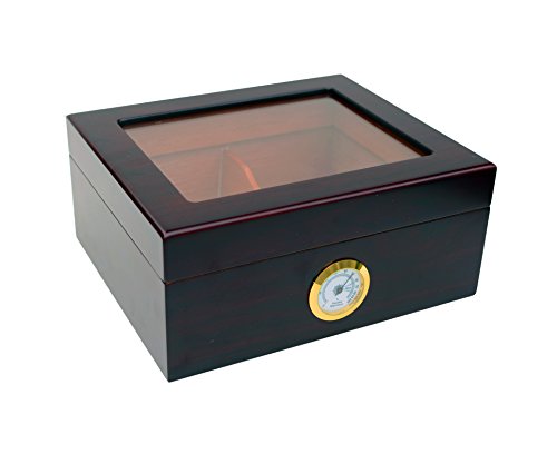 Maypes Desktop Humidor w/Hygrometer â€“ Holds 25-50 Cigars â€“ Cigar Aficionado Set Includes: Tempered Glass Top, Hygrometer, Dehumidifier, Divider â€“ Interior: Spanish Cedar â€“ Exterior: Mahogany Finish