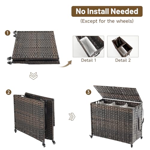 Laundry Hamper with Wheels, 52.8 Gallon(200L) Rolling Laundry Basket with Lid, 3-Section Rattan Clothes Hamper with 3 Removable Liner & 3 Mesh Bags, Laundry Sorter with Side Pocket, Brown - Image 7