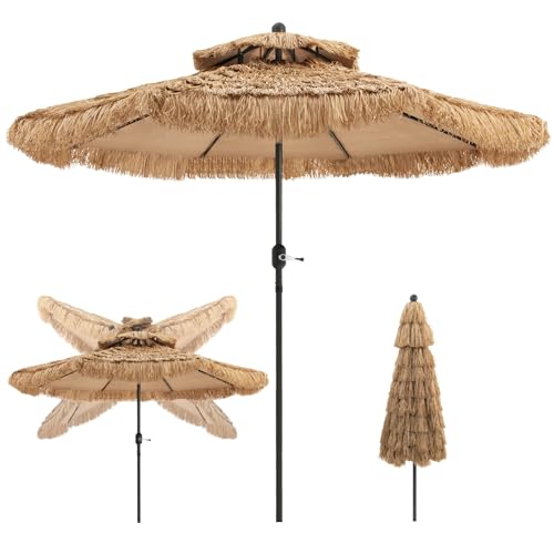 RELAX4LIFE Hawaii Sonnenschirm 270 cm, Reisstroh Strandschirm, Strohschirm mit Neigungsfunktion, Balkonschirm mit Doppeldach, Gartenschirm UV-beständig, Terrassenschirm für Garten Strand