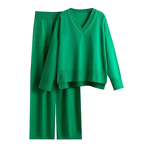 MJGkhiy Chándal para mujer de punto de lana elegante y curvo, jersey de manga larga y pantalones de pierna ancha, juego de 2 piezas, cálido, conjunto de ceremonia, suave, cómodo, conjunto de noche