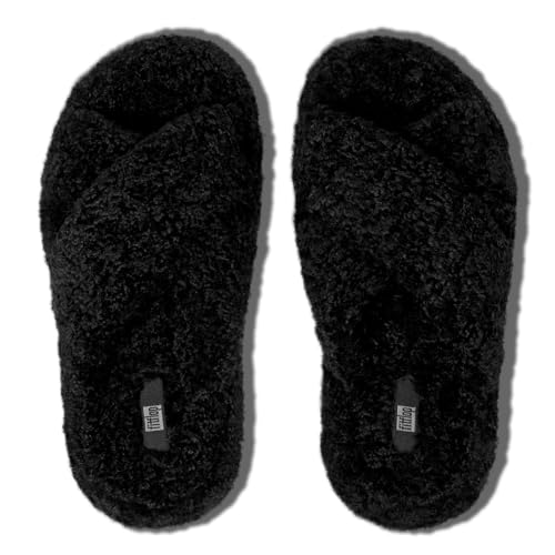 FitFlop iQushion D Luxe Teddy Cross Slides for Women - Women's Cozy Fleece Comfort Sandals, Indoor Outdoor Slippers with Arch Support, Ultra Light Cushioning, Slip Resistant Sole3