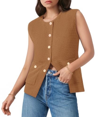 Image of Yousify Womens Sweater Vest Sleeveless Button Down Round Neck Knitted Tank Tops Casual Cardigan with Pockets