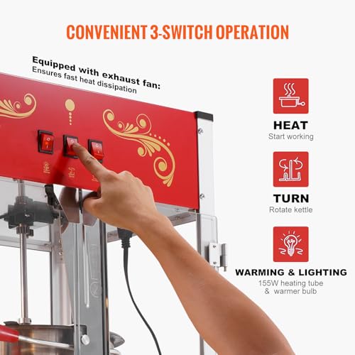 VEVOR Popcorn Maker, 1615W Popcorn Popper Machine, 16 Oz Kettle Large Capacity Countertop Popcorn Maker with Tempered Glass, Includes 3 Stainless Steel Scoops, Movie Theater Style, Red