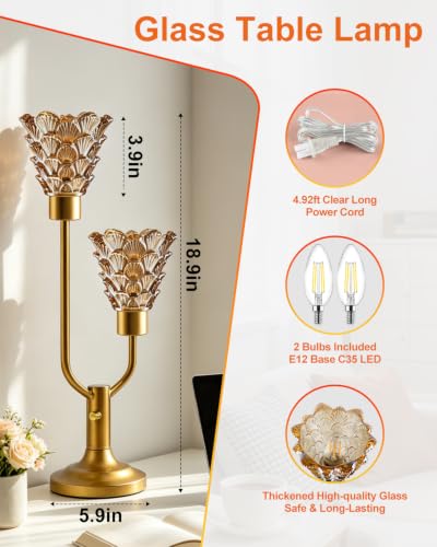 Image of Lightdot Mid Century Modern Table Lamp Gift Vintage Gold Lamp Dimmable | Nightstand Lamp Desk Lamp with Amber Glass Bulbs Included Warmwhite Ambient Bedside Lamps for Bedroom Living Room Home Decor