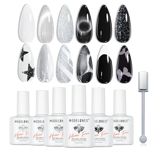 modelones Gel Nail Polish Set, 6 Colors Black White Silver Gray Cat Eye Glitter Shimmer Magnetic Hema & TPO Free Gel Polish Kit Summer Nail Art Manicure Salon Home Gifts for Women Girls Soak Off LED
