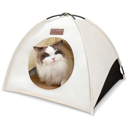 VERABE All-Season Cat Tent for Indoor/Outdoor, Assembly-Free Waterproof Cat House Bed with Removable Cushion, Cozy Cave for Cats & Small Dogs (Small, White)