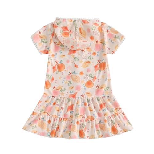 Image of Girls Hooded Terry Coverups Zip Up One Piece Swimsuits Sea Animals Print Short Sleeve Ruffle Swim Cover Up Swimwear (Orange Shell, 5-6 Years)