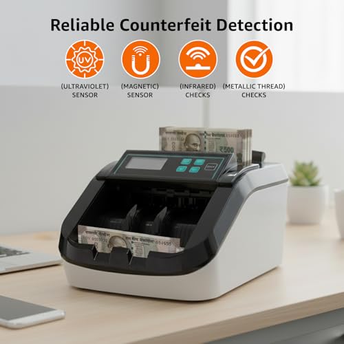 Image of Amazon Basics Note Counting Machine, 1100 Notes Per Minute Speed | UV /Magnetic /Infrared /Counterfeit Detector, Suitable for Counting Rupees, Note Counter with LCD Display, Value Counting