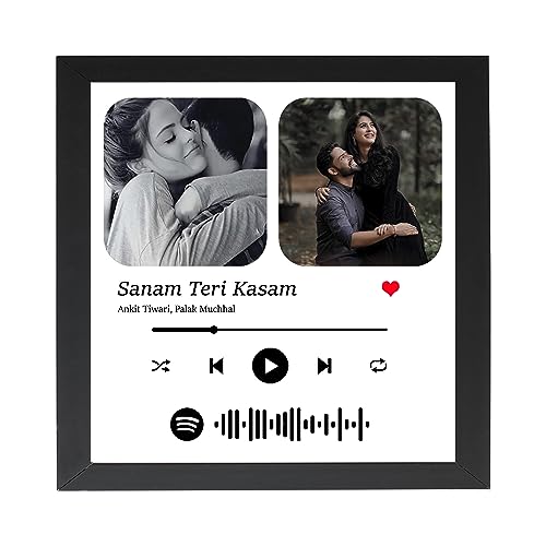 Image of Personalized Gift Musical Wood Rectangular Wall Photo Frame - Customized Spotify Song With Scanable Barcode For Wedding And Couple Gifts - Size (6X6) Inch, White | 1 Pcs