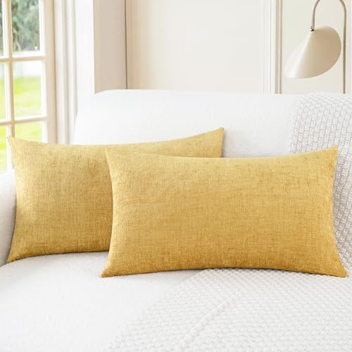 Image of CaliTime Pack of 2 Cozy Bolster Pillow Covers Cases for Couch Sofa Home Decoration Solid Dyed Soft Chenille 12 X 20 Inches Gold