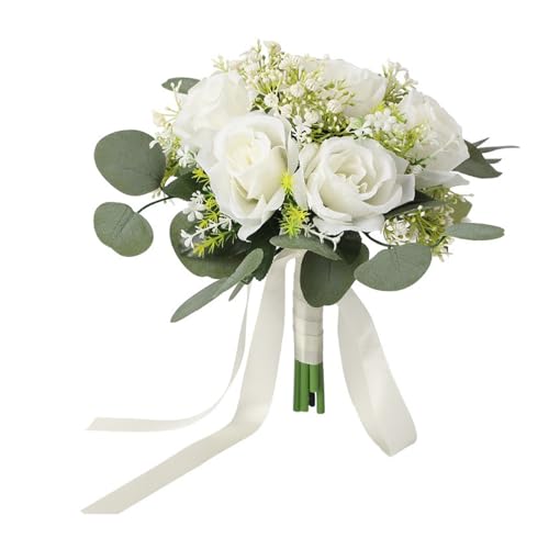 Ramos de Rosas de Color Marfil para Novia de 9,4 Pulgadas con Eucalipto Y Aliento de Bebé, Ramos de Rosas de Seda Artificiales para Boda, Ramos Pequeños Blancos Y Verdes para Damas de Honor, Novias
