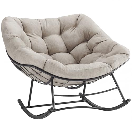 NEWBULIG Outdoor Patio Rocking Chair with 5.5' Thick Cushion, Oversized Egg Lounge Chair, 450 Lbs Heavy Duty, Water-Repellent Fabric, for Garden, Porch, Living Room, Beige