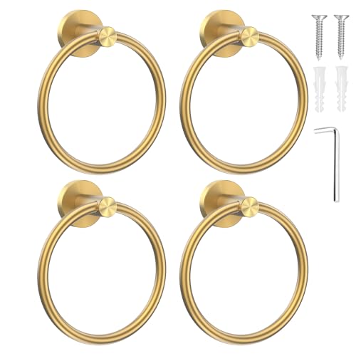 SetSail Towel Holder for Bathroom Wall Screw-in Gold Towel Ring Stainless Steel Hand Towel Holder 4 Packs Towel Hanger for Bath, Kitchen