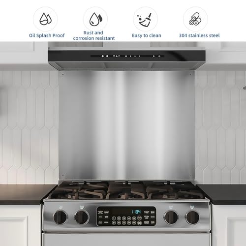Image of 24 x 36-inch Reversible Stainless Steel Backsplash for Kitchen wall,Splatter Guard and Cooking Shield, Range Hood Accessories to Keep Kitchen Clean, Four Pre Drilled Holes for Easy Installation