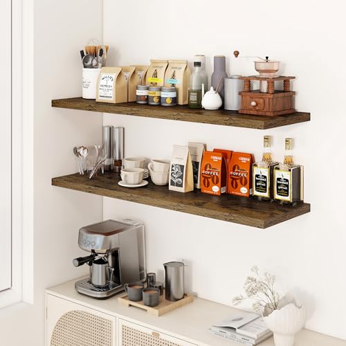 Image of Dreamland 48 inch Floating Shelves for Wall, 12 inch Deep Slim Rustic Brown Floating Shelves,Wall-Mounted Shelves for Bedroom, Living Room, Kitchen, Bathroom - Set of 2