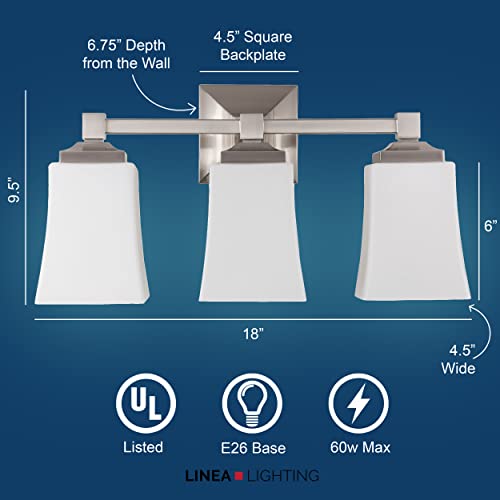 Image of Linea di Liara Brighton 3 Light Bathroom Vanity Light Brushed Nickel Bathroom Light Fixtures Over Mirror Modern Vanity Lighting Fixture with Frosted Glass Shade, UL Listed