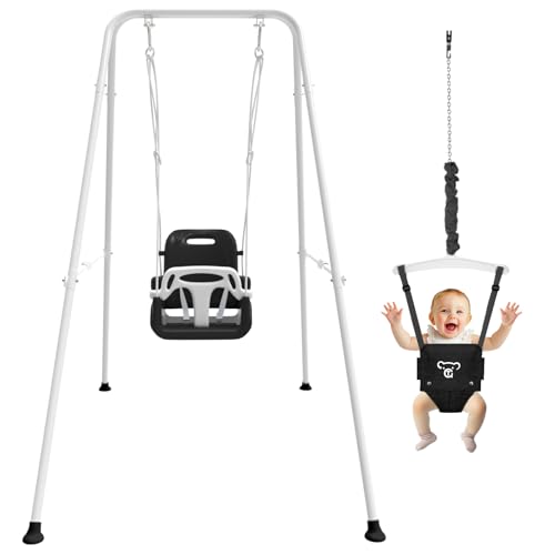 Image of 2 in 1 Toddler Swing & Baby Jumper, Foldable Baby Jumper with Soft Cushion, Foldable Indoor & Outdoor Use, Easy to Install & Store Swing Sets for Backyard Play (Black)