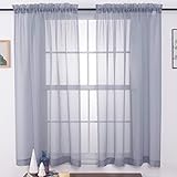 MYSTIC-HOME Sheer Curtains 45 Inch Length, Rod Pocket Voile Drapes for Living Room, Bedroom, Window Treatments Semi Crinkle Curtain Panels for Yard, Patio, Villa, Set of 2, 52'x 45', Silver Grey