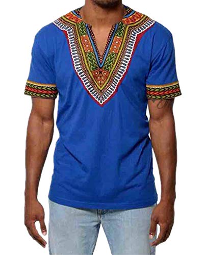Camiseta Manga Corta Estampada Tribal Africana Tradicional del Modelo para Los Hombres Azul XL