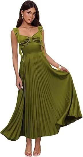 Satin Bridesmaid Dresses Spaghetti Straps Wedding Guest Dresses Flowy Pleated Ruffles Formal Dresses for Women AS001