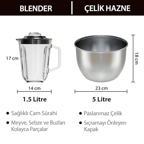 Sinbo SMX-2772 1200 W 3in1 Mutfak Şefi, 5 L Paslanmaz Çelik Hazneli Hamur Yoğurma Makinesi, Kıyma Aparatı ve Sürahi Blender