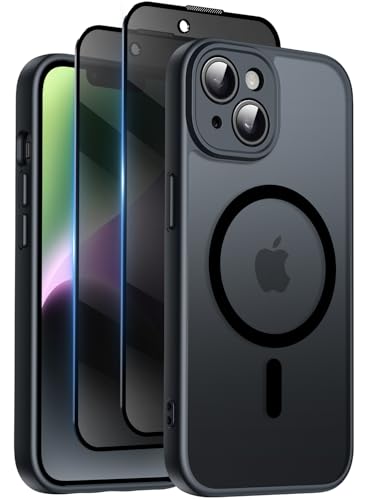 Qasyfanc for iPhone 14 Plus Case with MagSafe Privacy Screen Protectors X2 [Camera Protection] [15FT Military Drop Protection] Magnetic Translucent Matte Back Shockproof Phone Cover 6.7 Black