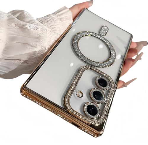 Image of for Samsung Galaxy Glitter Case,Luxury Bling Rhinestone Diamond Plated Bumper Case,MagSafe, Sparkle Camera Lens Protection Clear Back Cover (Gold, for Samsung Galaxy A35 5G)