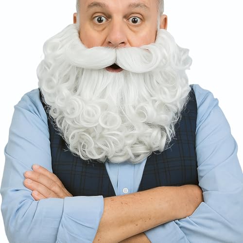 TWAYFEL White Fake Beard for Wizard Cosplay Realistic Silver Curly Mustache Halloween Costume Facial Hair Accessory 8 Inches (White)