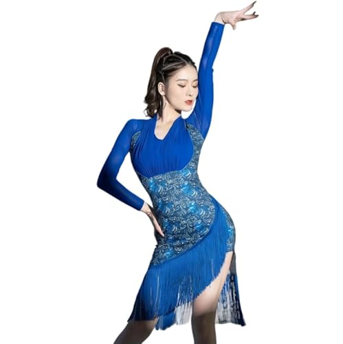 Yhhsgscr Tassel Latin Dance Dress Cha Cha Training Outfit Dancewear for Rumba Samba Women's Long Sleeve Ballroom Clothing,Blue,M