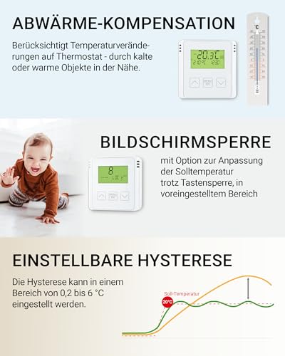 ELEKTROBOCK BT731 Funk-Raumthermostat mit Empfänger - Standfuß - Reichweite bis 35 m - Für elektrische Heizung und Infrarotheizung - Wochenprogramme und Frostschutz, Weiß