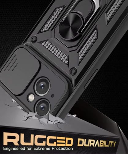 Image of WOW IMAGINE Tough Armor Bumper Mobile Back Case for iPhone 14 | Sliding Camera Shield Cover | Shock Proof 360 Protection | Hybrid PC + TPU | Ring Holder with Kickstand - Black