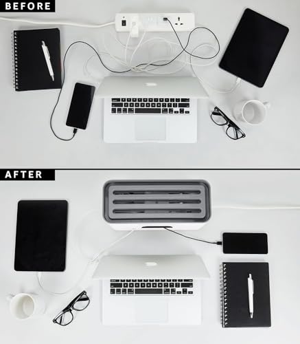 Image of Xacton Large Cable Management Box with Lid | Cord Organizer Box for Power Strip, Extension Board & Charging Station, Home, Office & Desk | Cable Concealer for TV, Computer & Electronics - Black