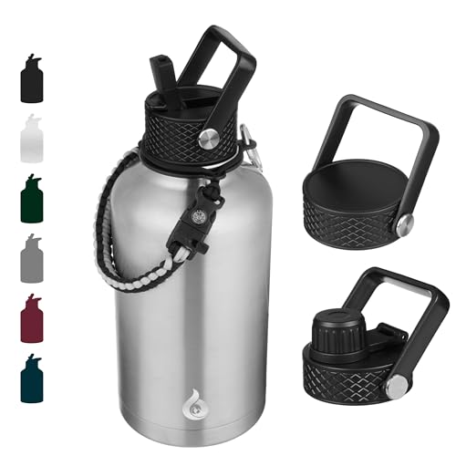 Image of BJPKPK Half Gallon Insulated Water Bottles with Straw Lid, 64oz Large Water Jug, Stainless Steel Bottles with 3 Lids and Paracord Handle, Thermo for Hot & Cold Liquid, Stainless Steel